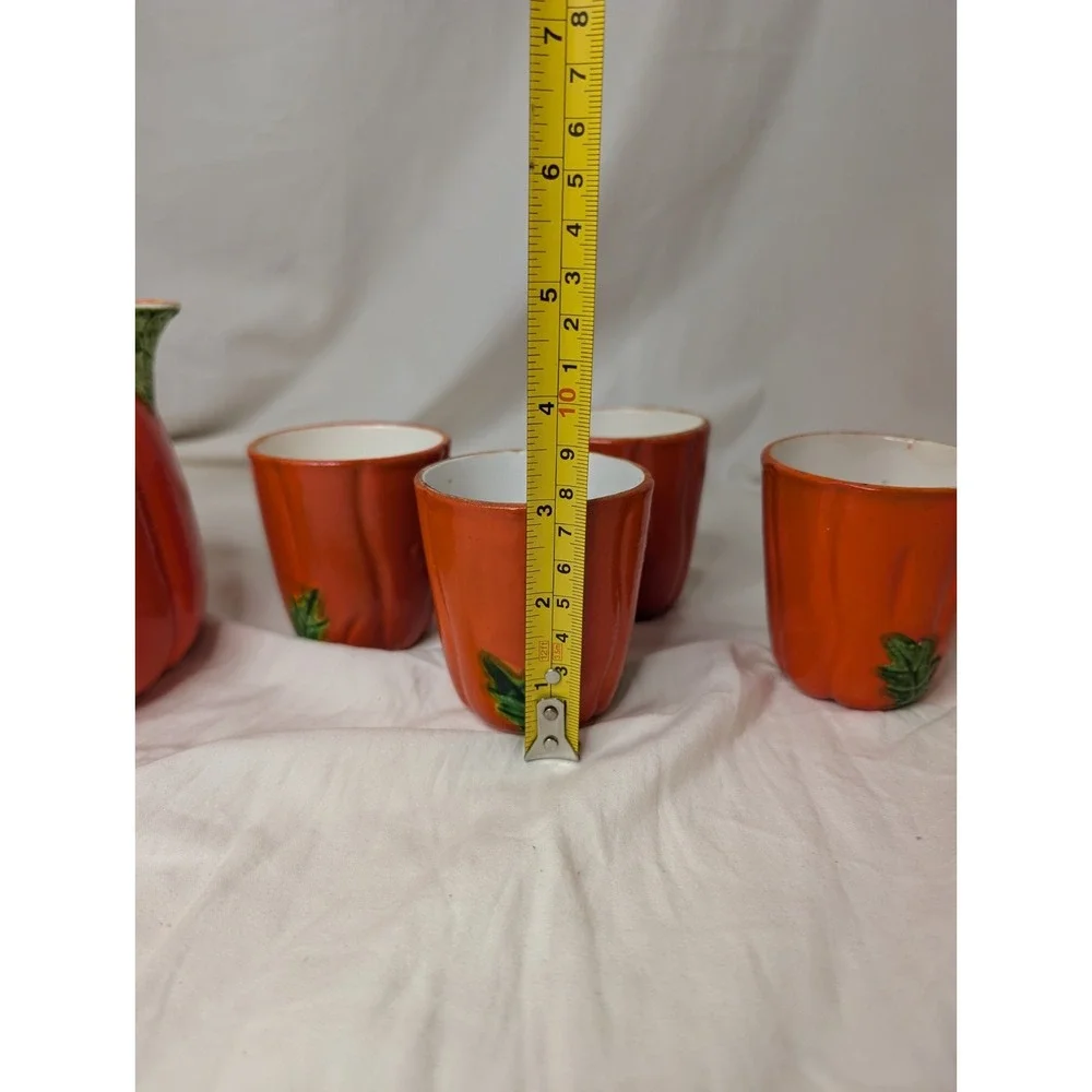 Trompe l'Oeil Hollywood Regency Tomato Pitcher And 4‎ Cups 1940s Boho Chic
